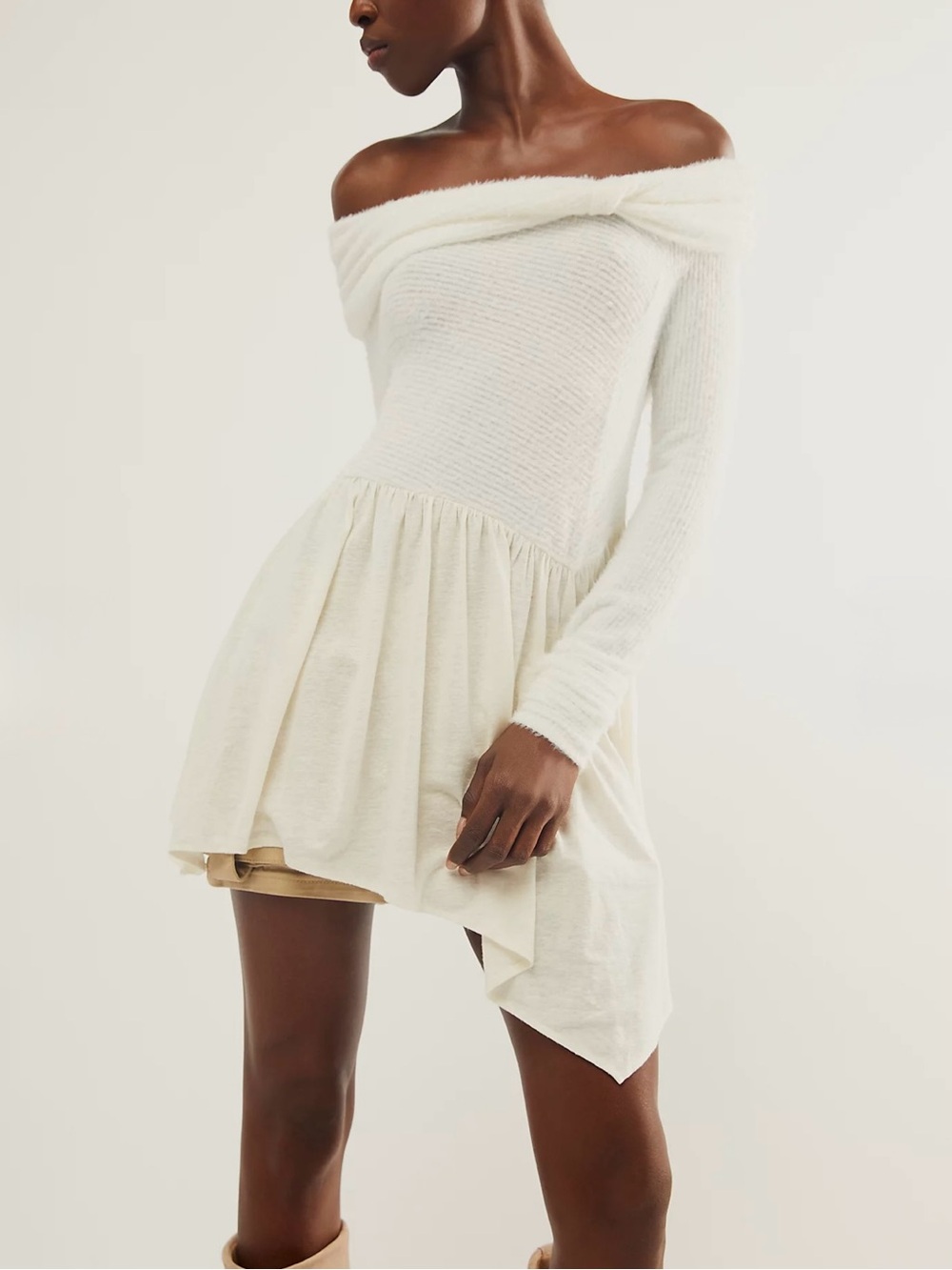 Free People Lily Cozy Tunic Top Asymmetric Ivory Cream Knit Size Large Soft Girl